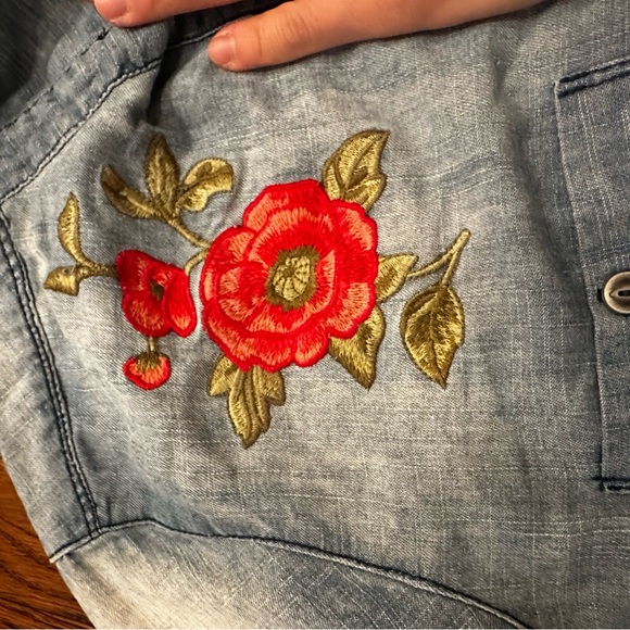 En Crème Embroidered Chambray Tunic Dress Boho Floral Denim Shirt Women L - Picture 5 of 14